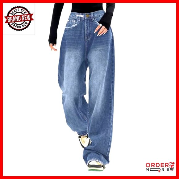 Wide Leg High Rise Jeans Stretch Denim Boyfriend Fit Vintage Streetwear